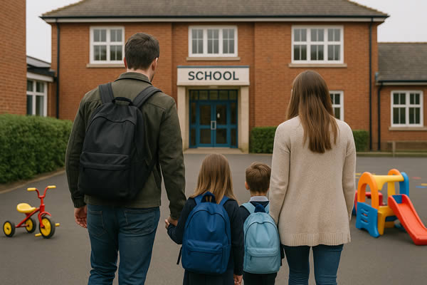 Parents taking their children to school
