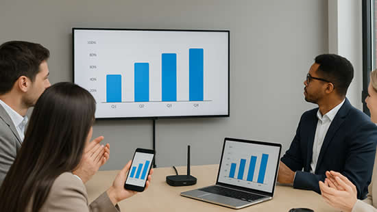 People in a meeting room sharing laptop and mobile phones on the big screen