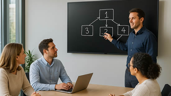 AV expert leading a planning session with colleagues in a modern office, using a digital display to discuss an AV project strategy