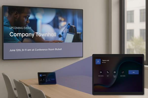 Modern conference room with a large wall-mounted display showing details of an upcoming company townhall event, and a touch control tablet on the table mirroring the meeting information, featuring minimalist design and natural light from large windows.
