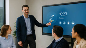 AV expert delivering hands-on training to office staff on how to use an interactive display in a modern meeting room.
