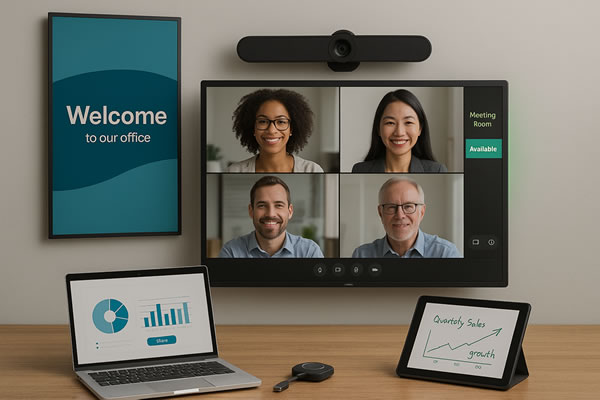 Small business AV setup with video conferencing and digital signage
