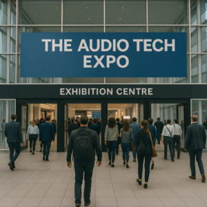 Attendees entering a modern exhibition centre for The Audio Tech Expo, an event showcasing the latest audio visual and technology innovations.