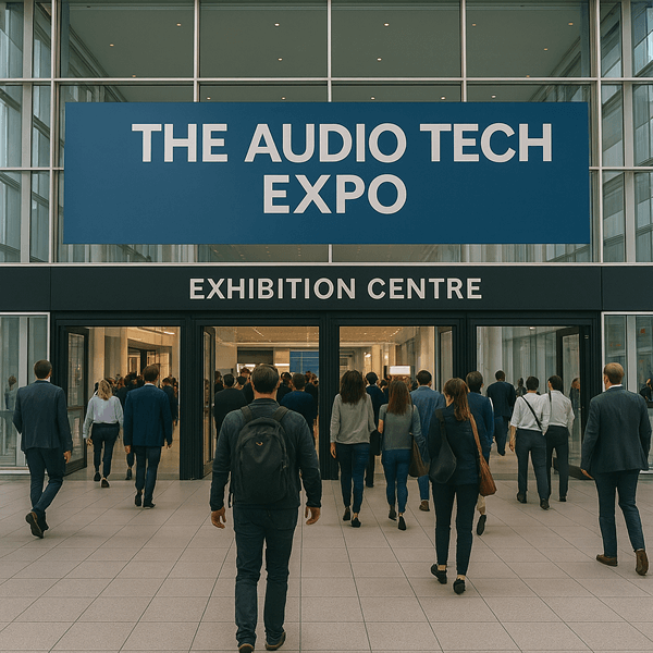 Attendees entering a modern exhibition centre for The Audio Tech Expo, an event showcasing the latest audio visual and technology innovations.