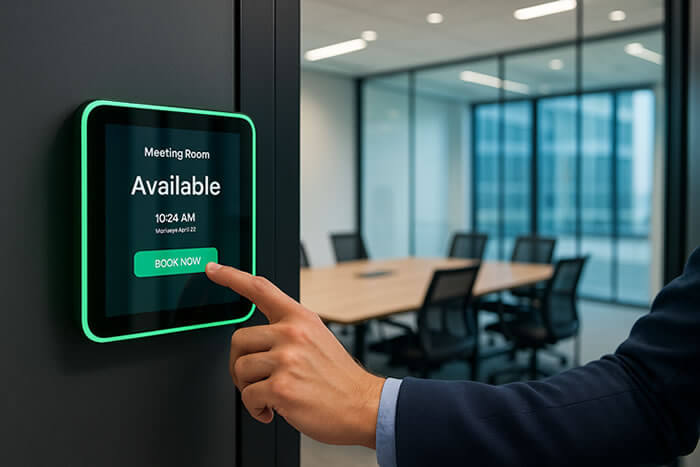Person booking a meeting room on a green digital room panel outside a modern glass-walled conference room.