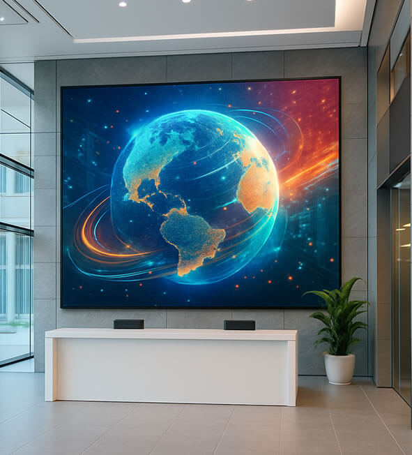 Modern reception area with a vibrant LED video wall displaying a colourful digital globe for a high-tech look.