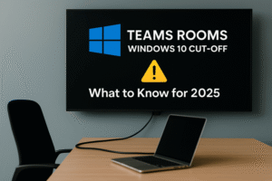 A modern meeting room with a laptop connected to a display showing a Teams Rooms Windows 10 cut-off warning for 2025.