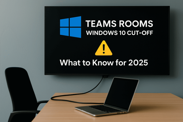 A modern meeting room with a laptop connected to a display showing a Teams Rooms Windows 10 cut-off warning for 2025.