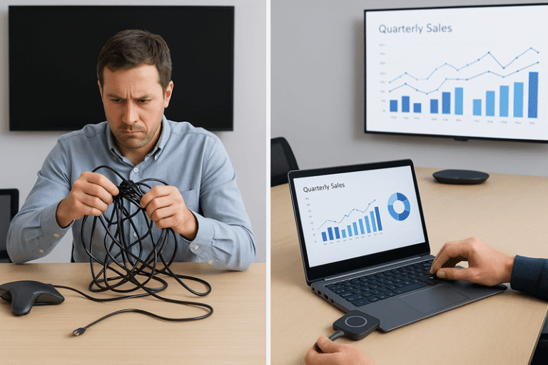 Comparison of two meeting rooms — one person untangling cables, another using a wireless dongle to share content.